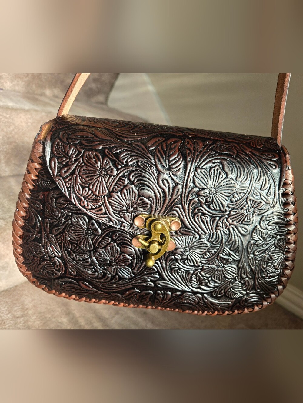 Brand New Hand Tooled Floral Leather Crossbody Bag in Deep Brown